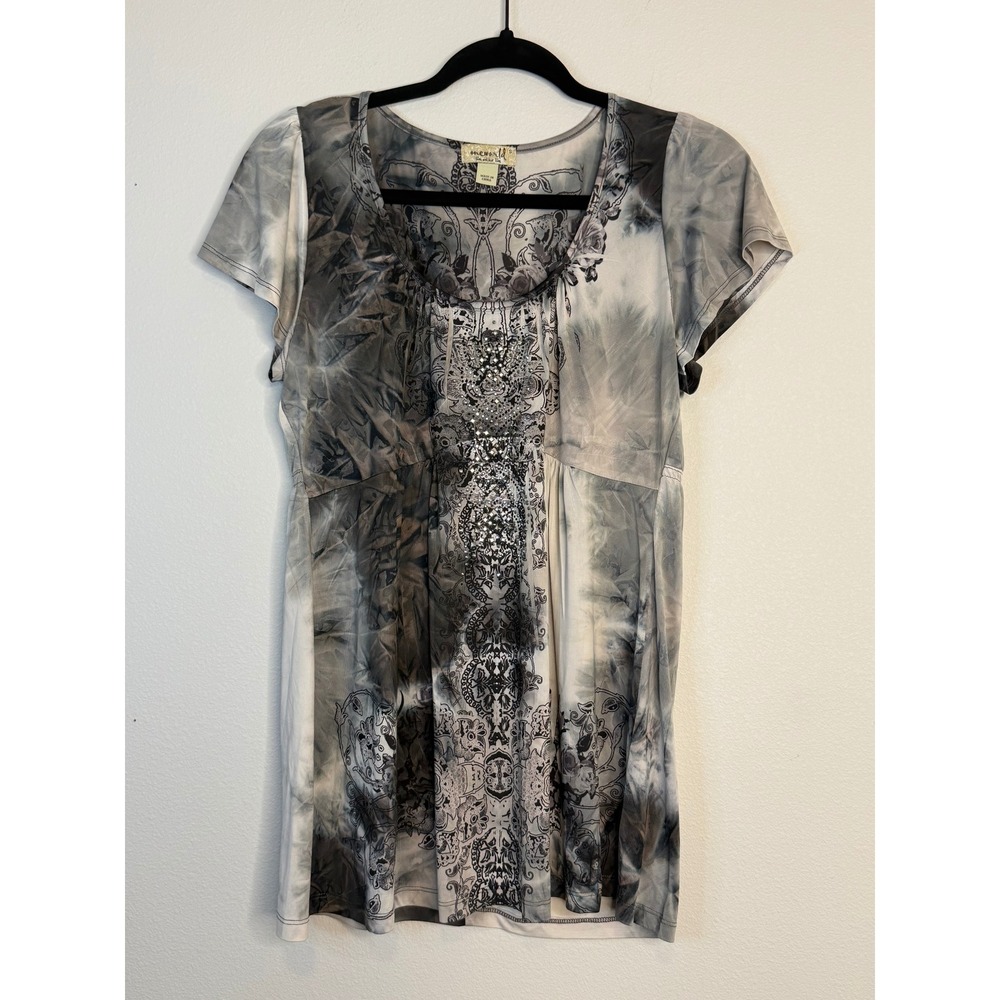 One World Women's Grey Tie Dye Damask Rhinestone Empire Waist Tunic Top Small